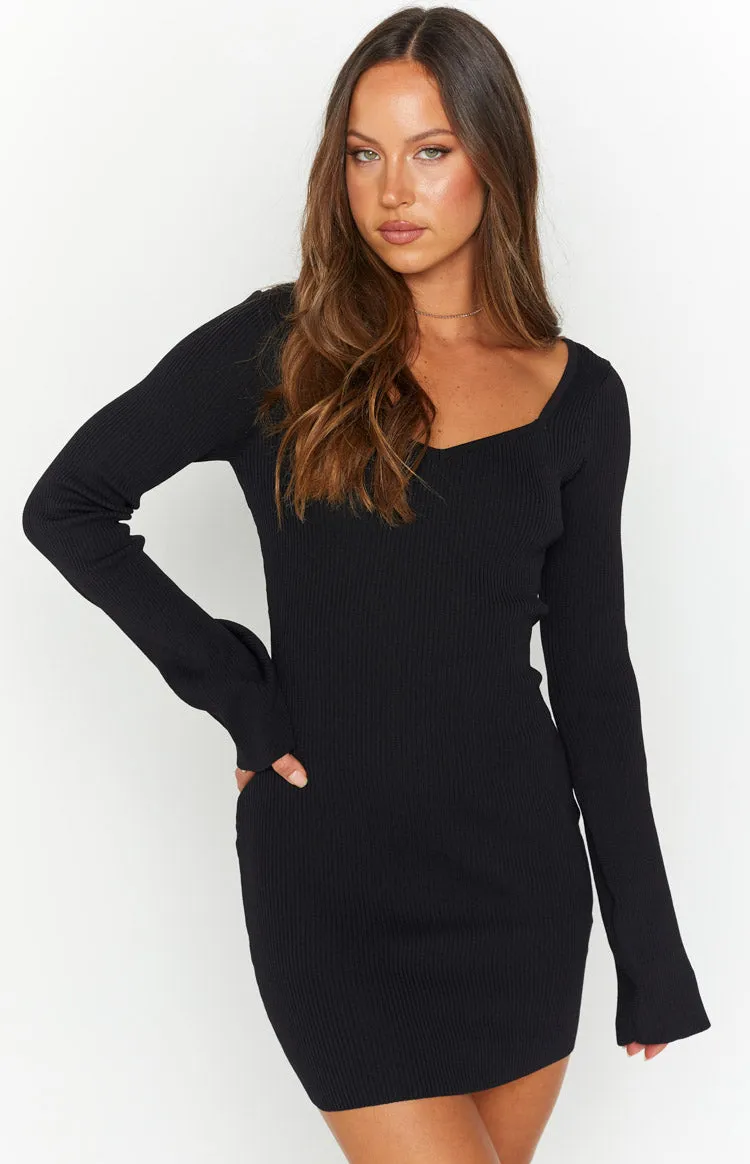 Amira Black Ribbed Long Sleeve Mini Dress