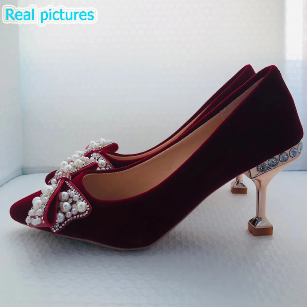 Amozae   New Fashion Spring Summer Red   Pumps High Thin Heels Crystal Butterfly Knot Elegant Women Dress Party Office Weeding