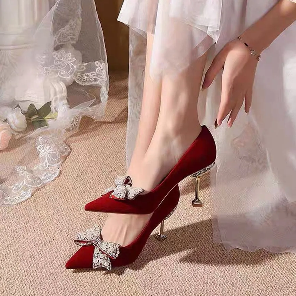 Amozae   New Fashion Spring Summer Red   Pumps High Thin Heels Crystal Butterfly Knot Elegant Women Dress Party Office Weeding