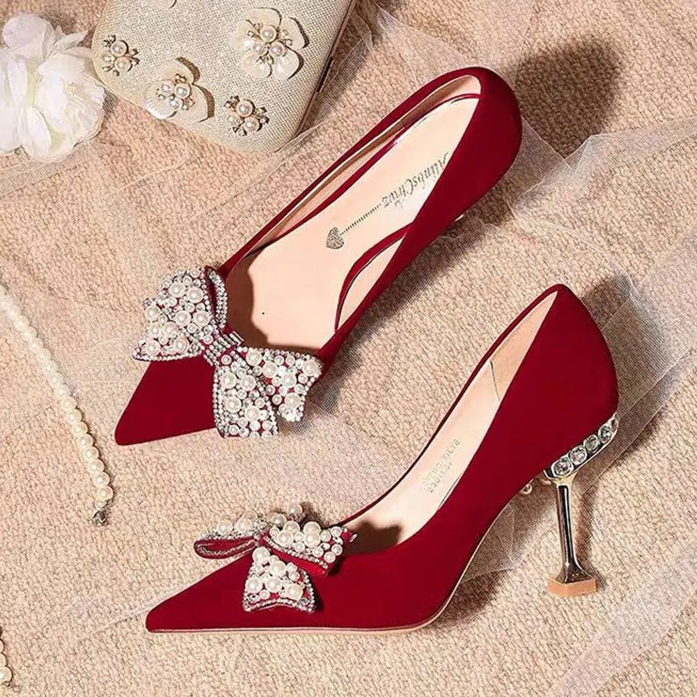 Amozae   New Fashion Spring Summer Red   Pumps High Thin Heels Crystal Butterfly Knot Elegant Women Dress Party Office Weeding