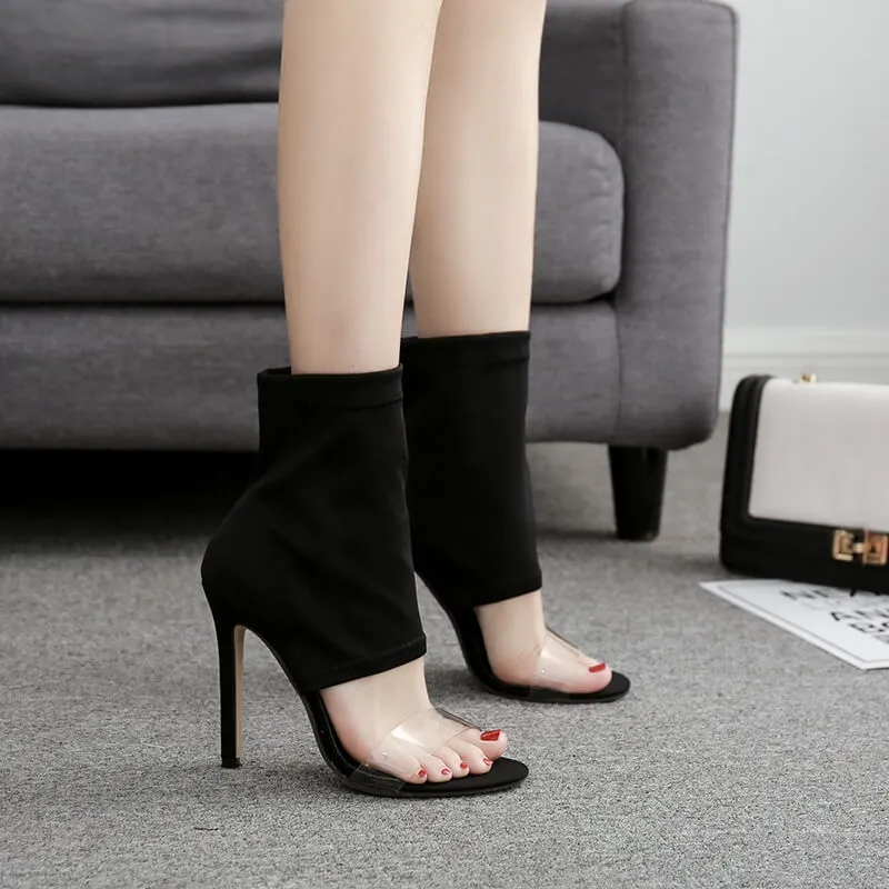 Black High Heel Pointed Toe Stretch Sandals