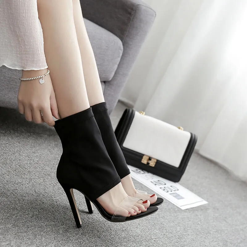 Black High Heel Pointed Toe Stretch Sandals