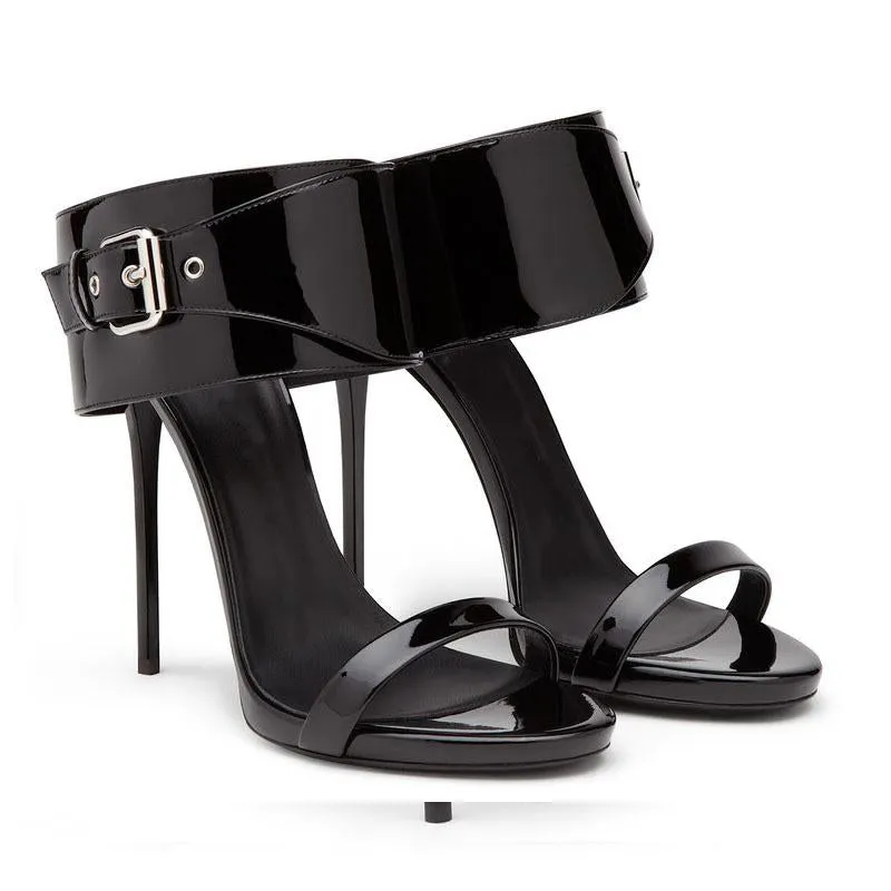 Black Patent Leather Buckle Open Toe High Heel Sandals