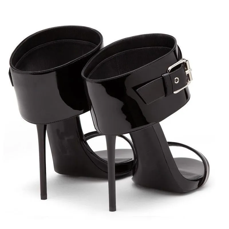 Black Patent Leather Buckle Open Toe High Heel Sandals