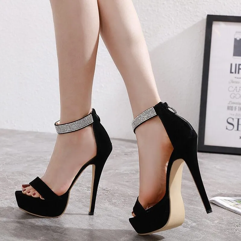 Black Platform Rhinestone Suede Cutout Sandals