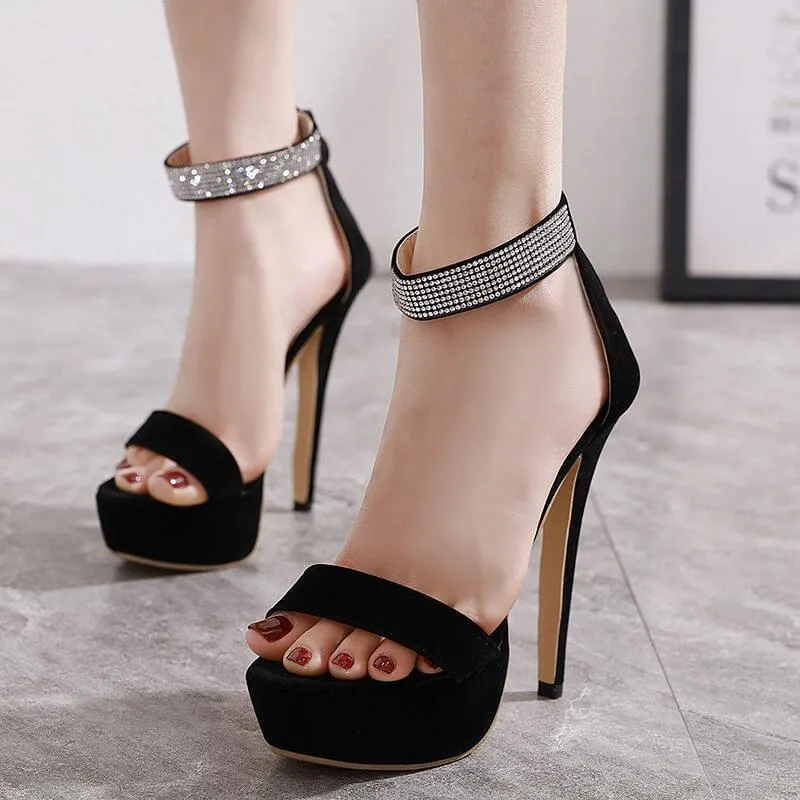 Black Platform Rhinestone Suede Cutout Sandals