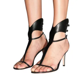 Black PU Open Toe Buckle High Heel Sandals