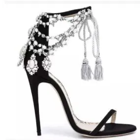 Black Rhinestone High Heel  Buckle Sandals