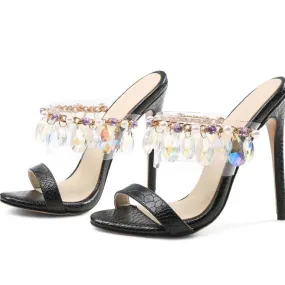 Black Rhinestone Leather Slip-On Sandals