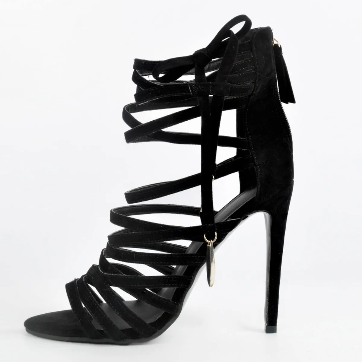 Black  Strap Lace Up Ankle Strap Sandals