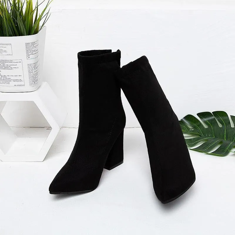 Black Zipper Comfortable Chunky Heel Calf Boots