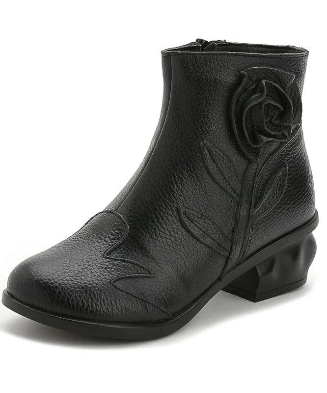 Comfortable Splicing Chunky Boots Black Cowhide Leather RD019