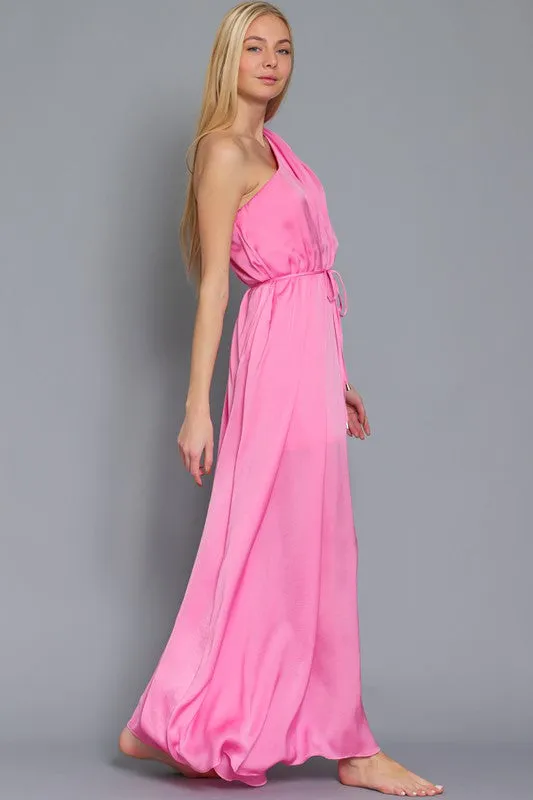 Merope Angel Sleeve One Shoulder Maxi Dress Gown - Pink