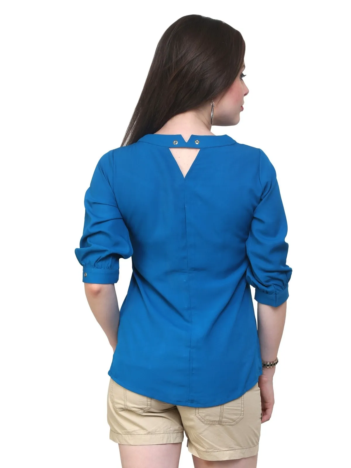 Pannkh Women's Blue Shirt Top With Detailed Notch Designs