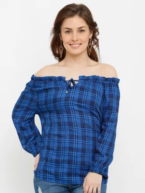 Women Checked Off-Shoulder Tie-Up Neckline Top