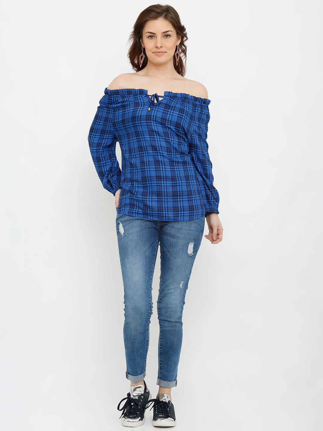 Women Checked Off-Shoulder Tie-Up Neckline Top