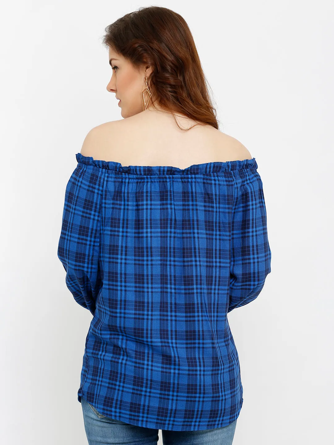 Women Checked Off-Shoulder Tie-Up Neckline Top