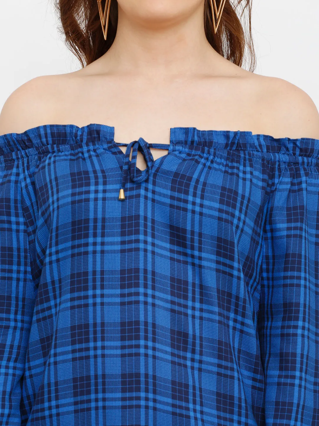 Women Checked Off-Shoulder Tie-Up Neckline Top