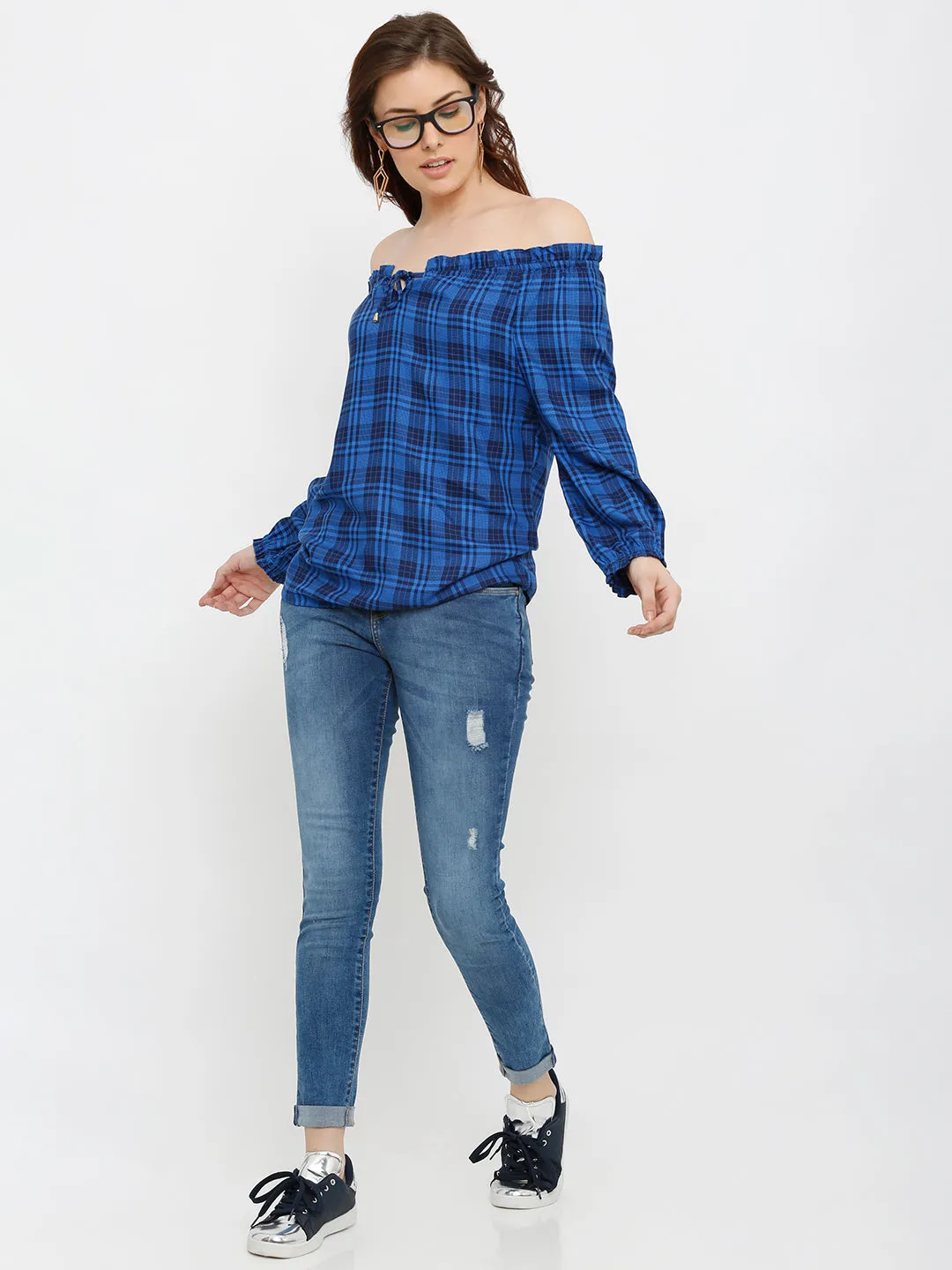 Women Checked Off-Shoulder Tie-Up Neckline Top