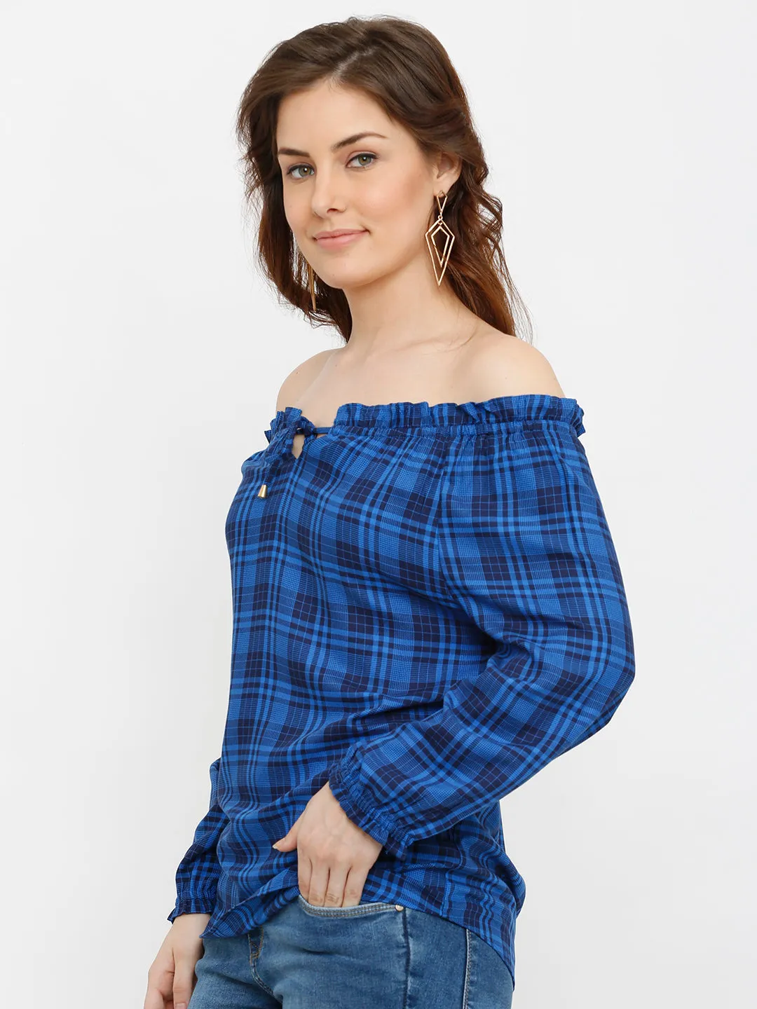 Women Checked Off-Shoulder Tie-Up Neckline Top